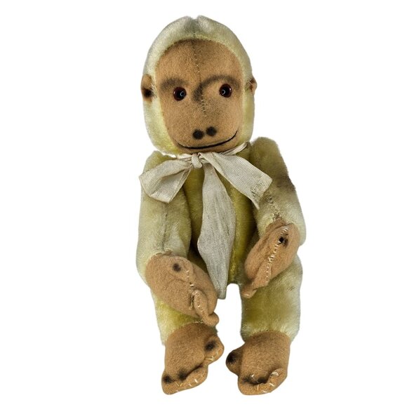 Vintage Japan Mohair Monkey Plush Toy With Ribbon Articulated - Picture 1 of 8